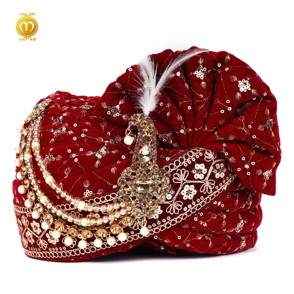 Maroon_Velvet_Pagdi__Sequin_Embellished_Wedding_Turban_For_Men