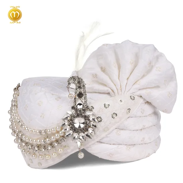 Pagdi_White_Chiffon_Chikankari_Embroidered_Wedding_Turban_With_Silver_Sequin_For_Men