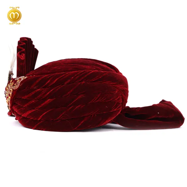 Maroon_Velvet_Pagdi__Embellished_Wedding_Turban_With_Feather_Kalgi_For_Men