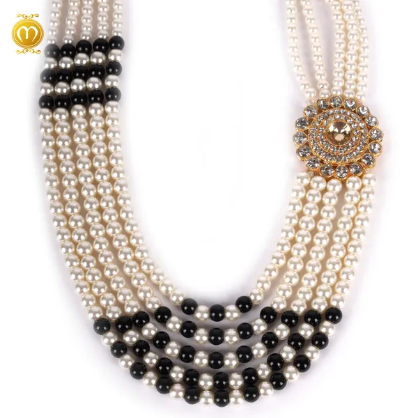 White_Black_Pearl_Alloy_Multi_Strand_Necklace_For_Men