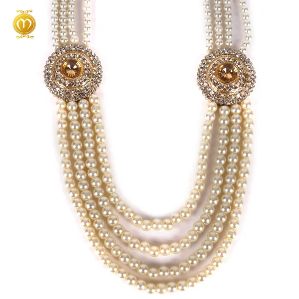 Cream_Pearl_Alloy_Multi_Strand_Golden_Brooch_Necklace_For_Men