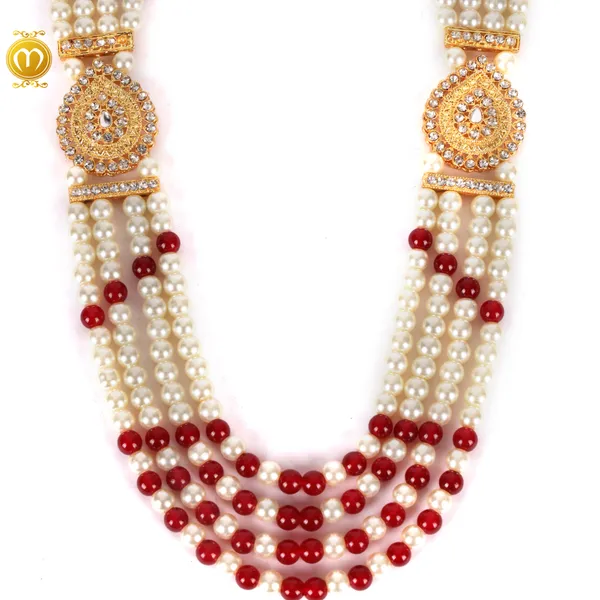 White_Maroon_Mala_Pearl_Alloy_Multi_Strand_Beaded_Necklace_For_Men