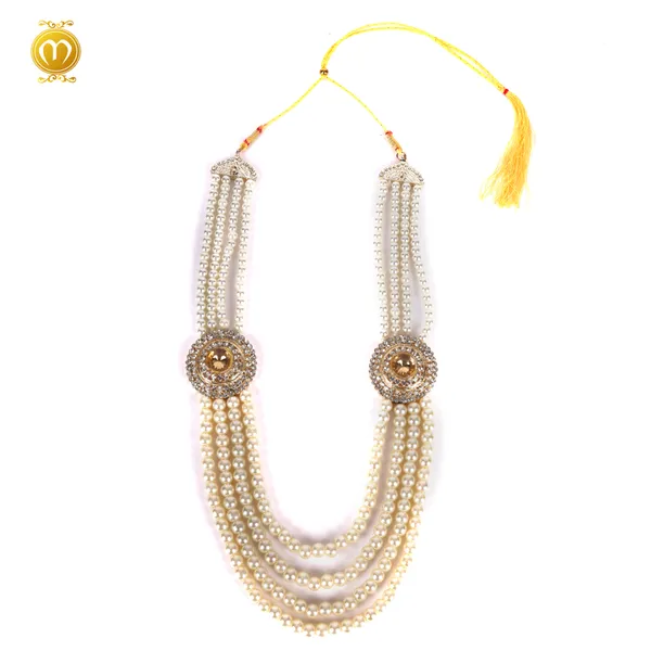 Cream_Pearl_Alloy_Multi_Strand_Golden_Brooch_Necklace_For_Men