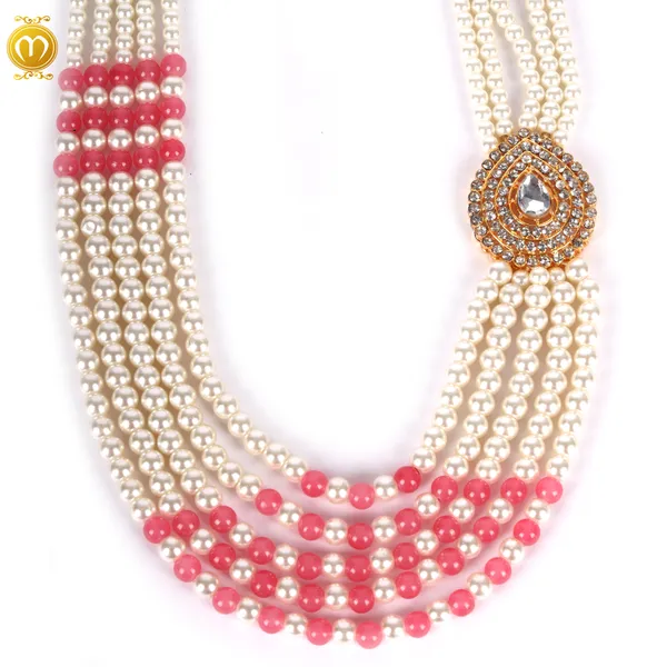 Pink_Off_White_Pearl_Alloy_Multi_Strand_Necklace_With_Kundan_Pendant_For_Men