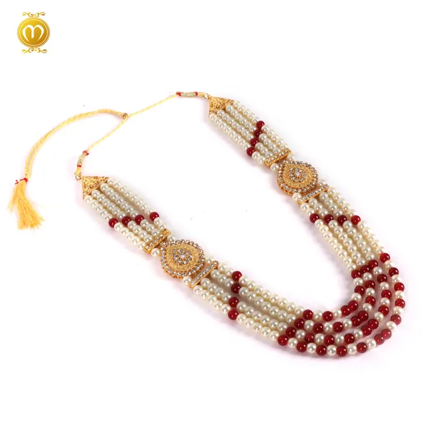 White_Maroon_Mala_Pearl_Alloy_Multi_Strand_Beaded_Necklace_For_Men