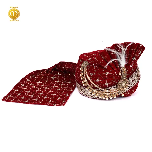 Pagdi_Maroon_Velvet_Embroidery_Wedding_Turban_With_Kalgi_For_Men