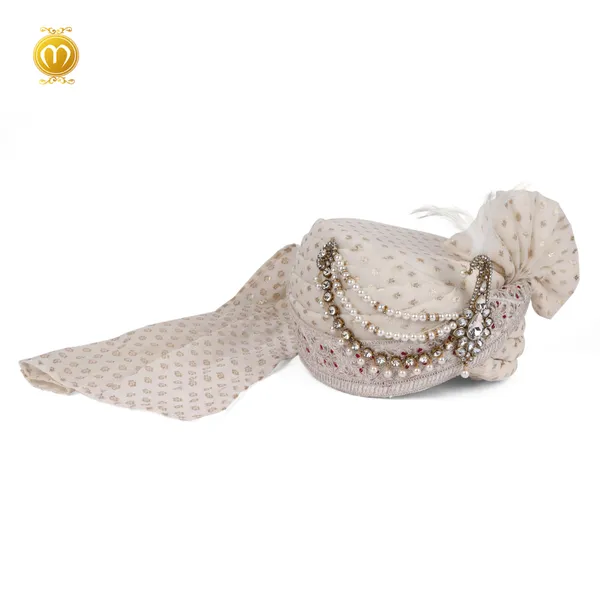 Cream_White_ArtSilk_Embellished_Wedding_Turban_For_Men_Pagdi