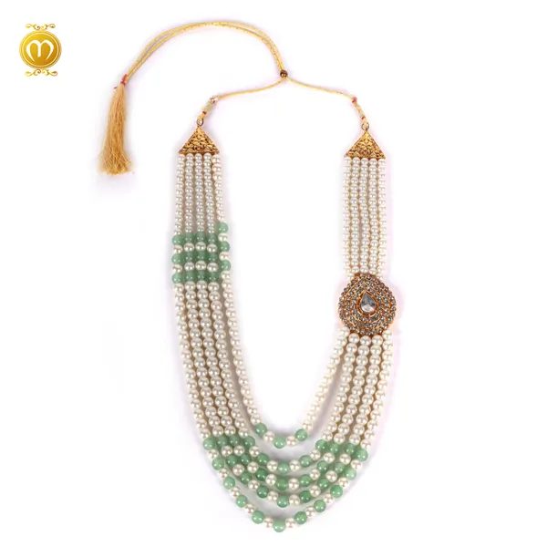 Mala_White_Green_Pearl_Alloy_Multi_Strand_Kundan_Necklace_For_Men