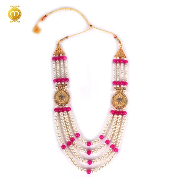 Off_White_Pink_Pearl_Alloy_Multi_Strand_Necklace_With_Gold_Pendant_For_Men_Mala