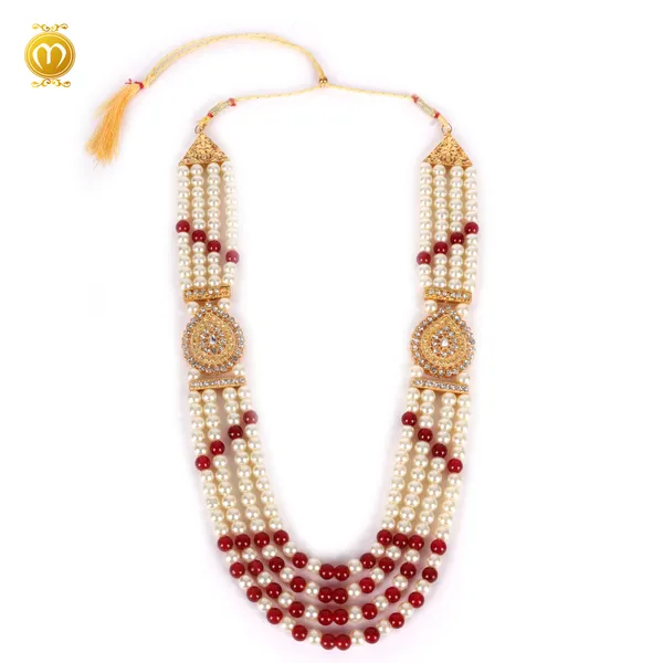 White_Maroon_Mala_Pearl_Alloy_Multi_Strand_Beaded_Necklace_For_Men