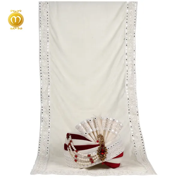 White_Maroon_Velvet_Embellished_Wedding_Turban_For_Men
