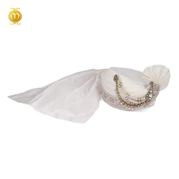 Pagdi_White_Art_Silk_Embellished_Wedding_Turban_With_Kalgi_For_Men