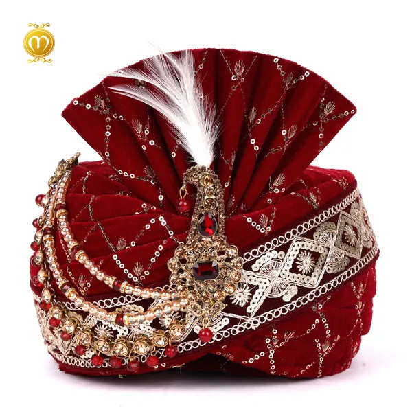 Pagdi_Maroon_Velvet_Golden_Embroidery_Kalgi_Wedding_Turban_For_Men