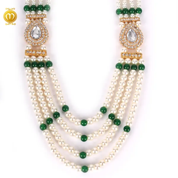 Maharaja_Mala_White_Pearl_Green_Bead_Multi_Strand_Kundan_Necklace_For_Men