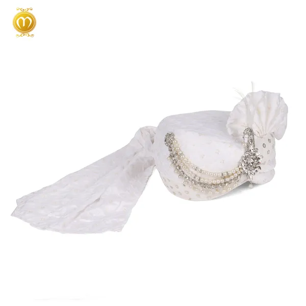 Pagdi_White_Chiffon_Chikankari_Embroidered_Wedding_Turban_With_Silver_Sequin_For_Men