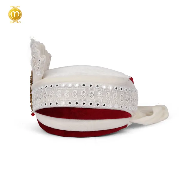 White_Maroon_Velvet_Embellished_Wedding_Turban_For_Men