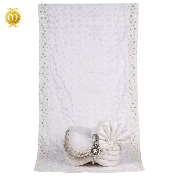 Pagdi_White_Chiffon_Chikankari_Embroidered_Wedding_Turban_With_Silver_Sequin_For_Men