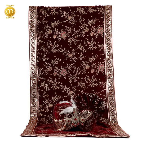 Maroon_Velvet_Print_Pagdi_Dupatta_set_Embroidered_Wedding_Turban_With_Kalgi_For_Men