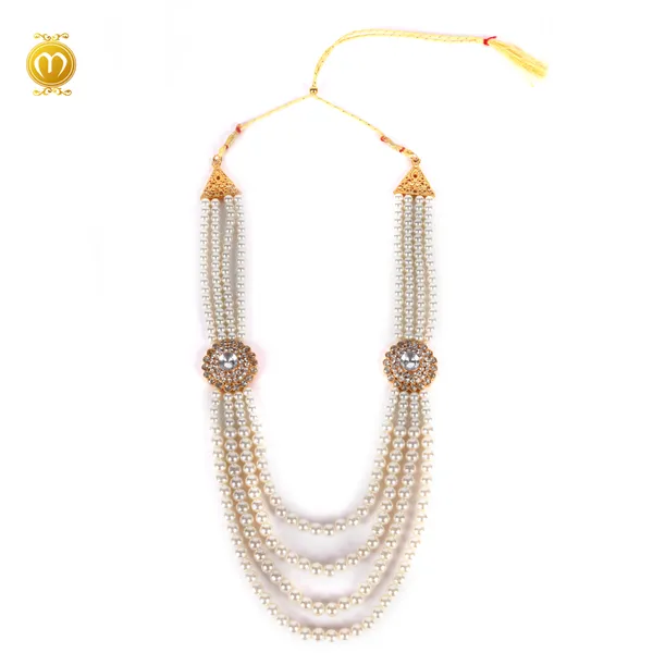 White_Maharaja_Mala_Pearl_Alloy_Multi_Strand_Golden_Floral_Brooch_Necklace_For_Men