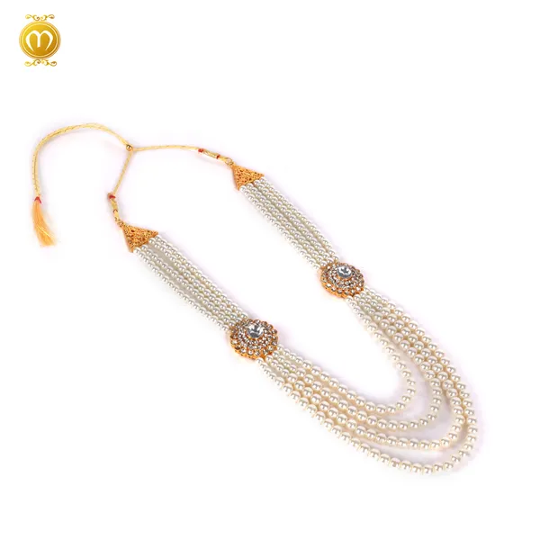 White_Maharaja_Mala_Pearl_Alloy_Multi_Strand_Golden_Floral_Brooch_Necklace_For_Men