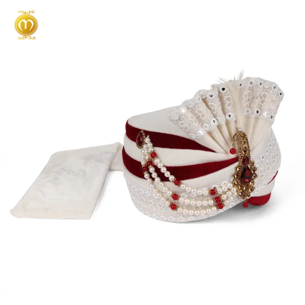 Safa_White_Maroon__Velvet_Embellished_Wedding_Turban_With_Pearl_Brooch_For_Men