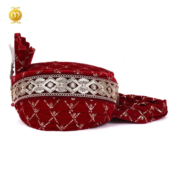 Pagdi_Maroon_Velvet_Golden_Embroidery_Kalgi_Wedding_Turban_For_Men