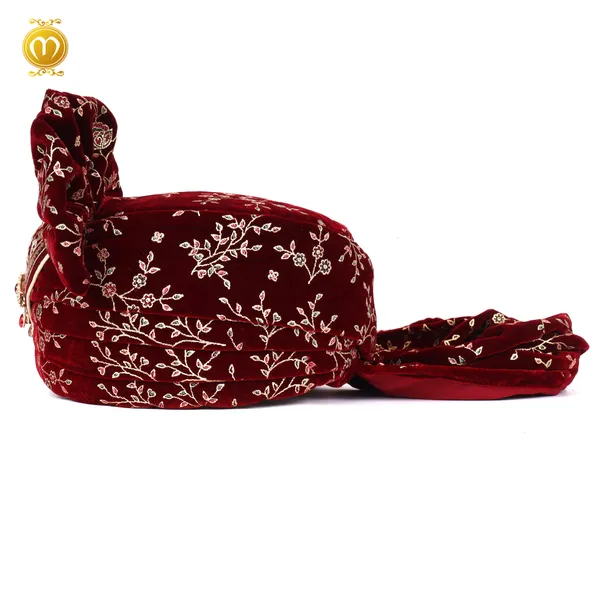 Maroon_Velvet_Print_Pagdi_Dupatta_set_Embroidered_Wedding_Turban_With_Kalgi_For_Men