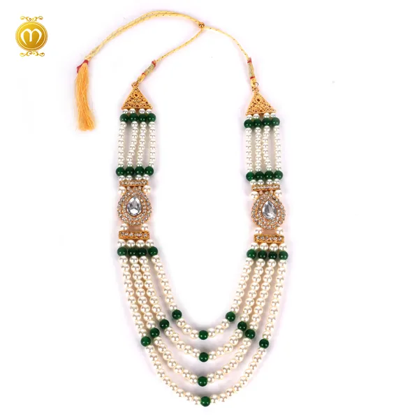 Maharaja_Mala_White_Pearl_Green_Bead_Multi_Strand_Kundan_Necklace_For_Men
