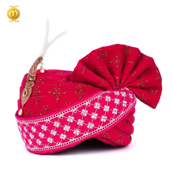 Rani_Pink_Velvet_Print_Embroidered_Wedding_Turban_Safa_With_Kalgi_For_Men_Pagdi_Dupatta