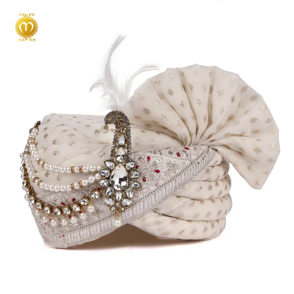Cream_Art_Silk_Pearl_Stone_Embellished_Wedding_Turban_For_Men_Pagdi_Dupatta