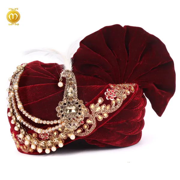 Pagdi_Maroon_Velvet_Embellished_Wedding_Turban_With_Kalgi_For_Men
