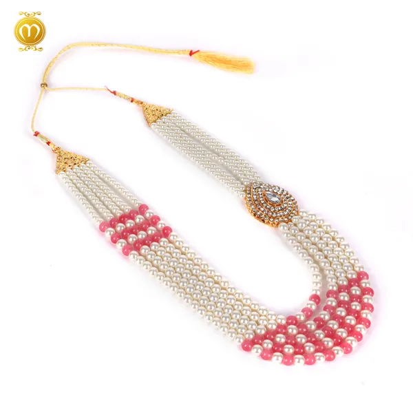 Pink_Off_White_Pearl_Alloy_Multi_Strand_Necklace_With_Kundan_Pendant_For_Men
