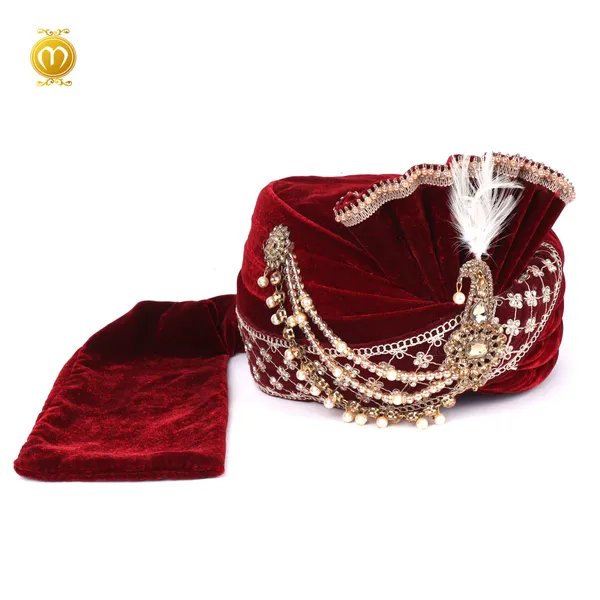 Maroon_Velvet_Embellished_Feather_Brooch_Wedding_Turban_For_Men