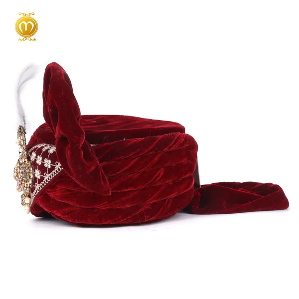 Maroon_Velvet_Pagdi_Dupatta__Embellished_Wedding_Turban_With_Stole_Set_For_Men