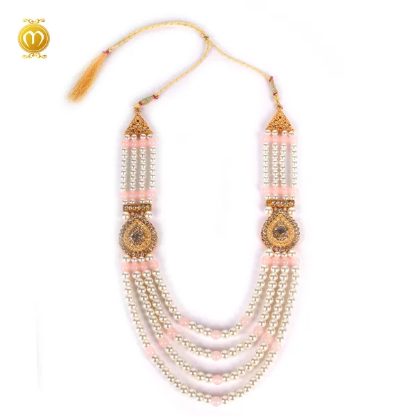 Pink_White_Mala_Cristal_Moti_Pearl_Alloy_Multi_Strand_Medallion_Necklace_For_Men