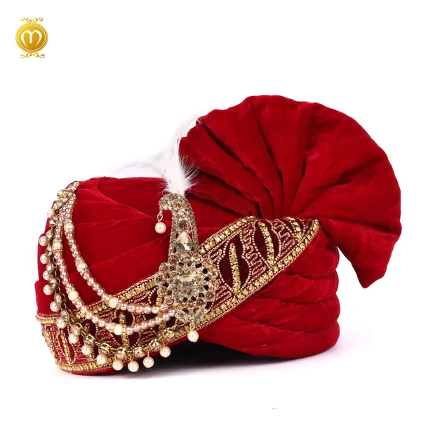 Red_Velvet_Zari_Embroidery_Lice_Pearl__Wedding_Turban_For_Men