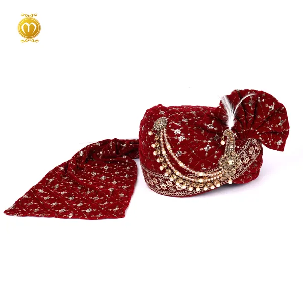 Maroon_Velvet_Pagdi__Sequin_Embellished_Wedding_Turban_For_Men