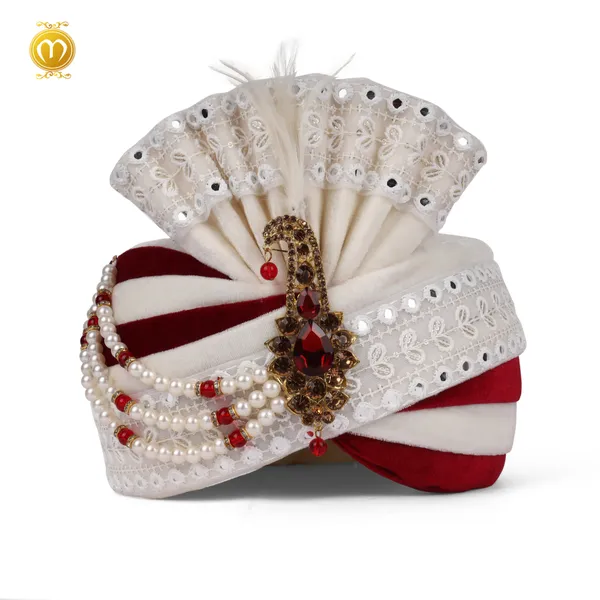 White_Maroon_Velvet_Embellished_Wedding_Turban_For_Men