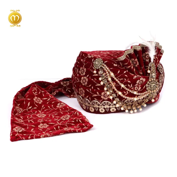 Pagdi_Maroon_Velvet_Print_Floral_Embroidered_Wedding_Turban_For_Men