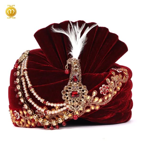 Maroon_Velvet_Pagdi__Embellished_Wedding_Turban_With_Feather_Kalgi_For_Men