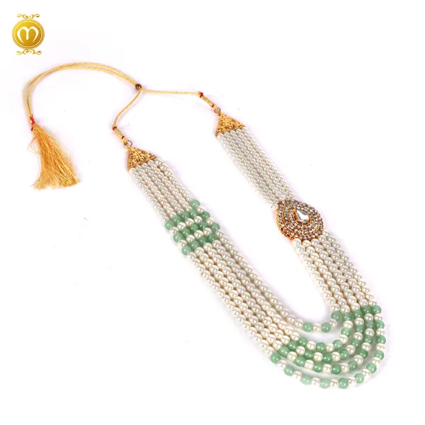 Mala_White_Green_Pearl_Alloy_Multi_Strand_Kundan_Necklace_For_Men