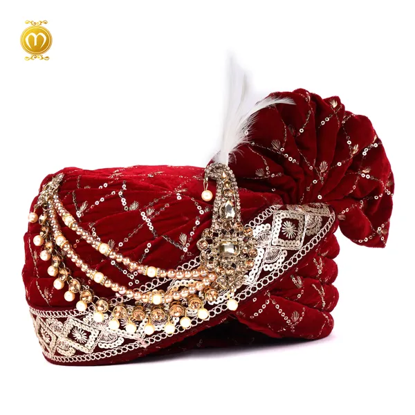 Maroon_Velvet_Embellished_Wedding_Turban_For_Men