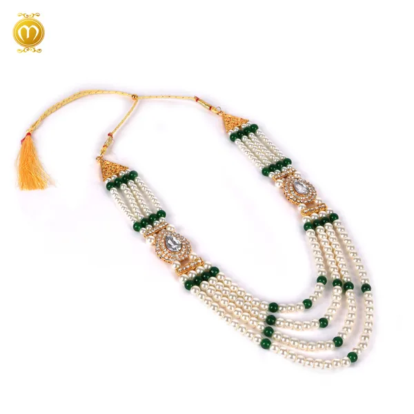 Maharaja_Mala_White_Pearl_Green_Bead_Multi_Strand_Kundan_Necklace_For_Men