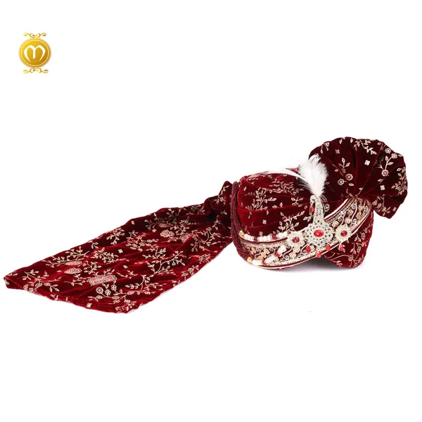 Maroon_Velvet_Print_Embroidered_Groom_Wedding_Turban_With_Crown_Feather_For_Men