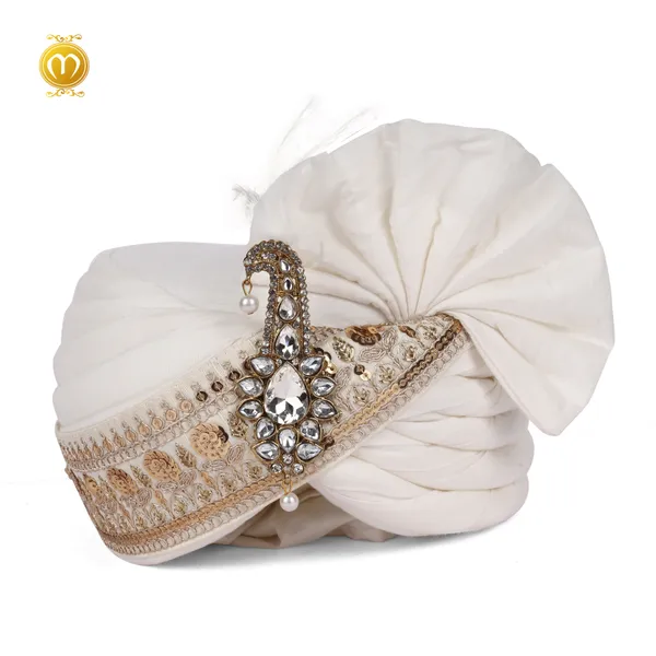 Safa_White_Art_Silk_Embellished_Wedding_Turban_With_Jewel_Brooch_For_Men