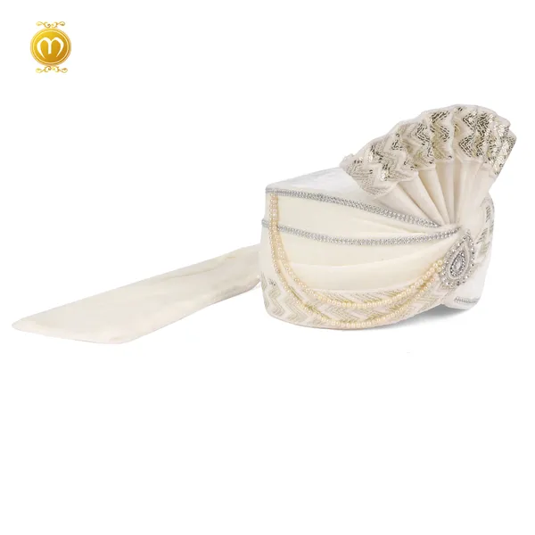 Cream_Velvet_Embroidered_Wedding_Turban_For_Men