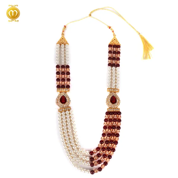 Maroon_White_Pearl_Beaded_Wedding_Necklace_With_Ruby_Pendant_For_Men_Mala