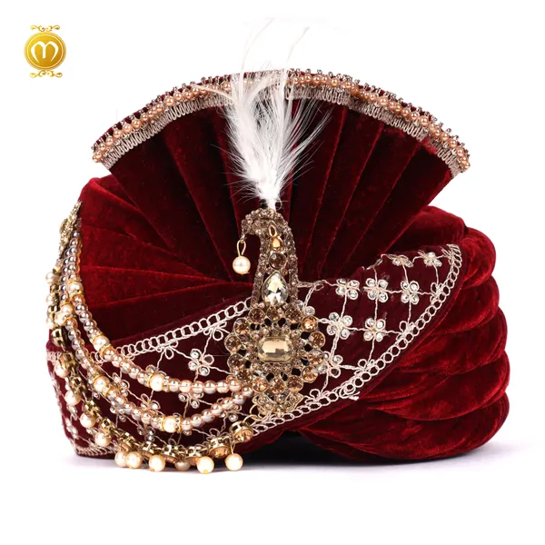 Maroon_Velvet_Embellished_Feather_Brooch_Wedding_Turban_For_Men