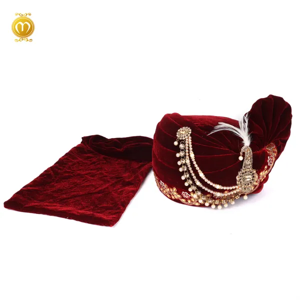 Pagdi_Maroon_Velvet_Embellished_Wedding_Turban_With_Kalgi_For_Men