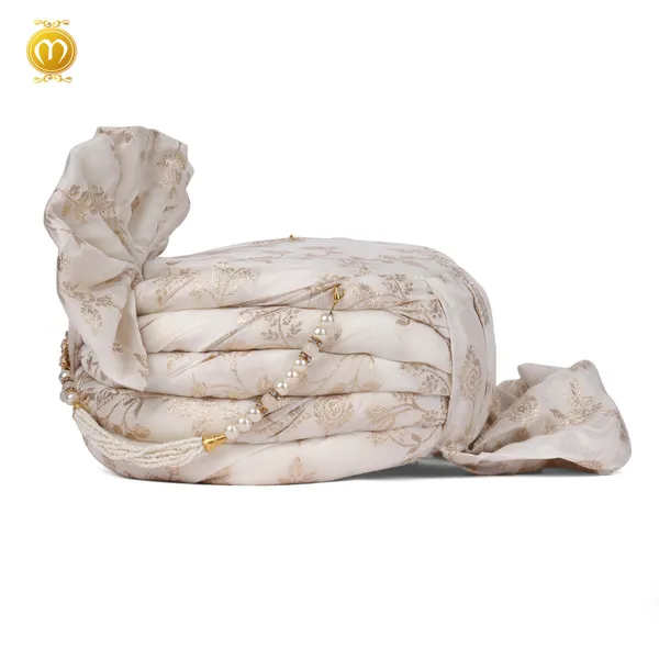 Pagdi_Cream_Chanderi_Silk_Embellished_Wedding_Turban_With_Pearl_Gold_Detailing_For_Men